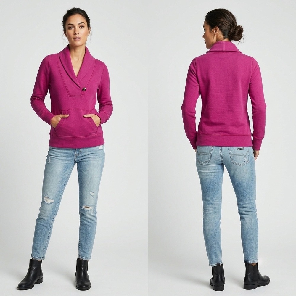 Eddie‎ Bauer Womens Petite Small Magenta Pink Shawl Collar Button Sweatshirt